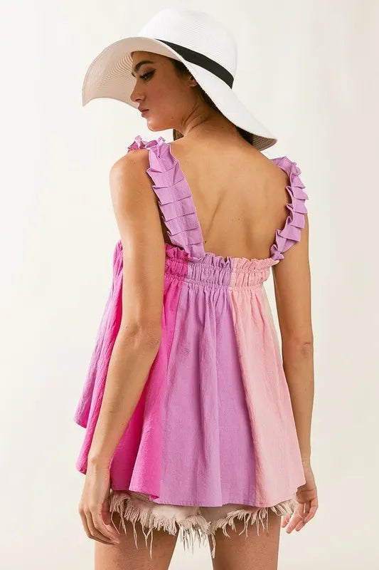 Frill shoulder strap color block bodice top with smocked and babydoll features.
