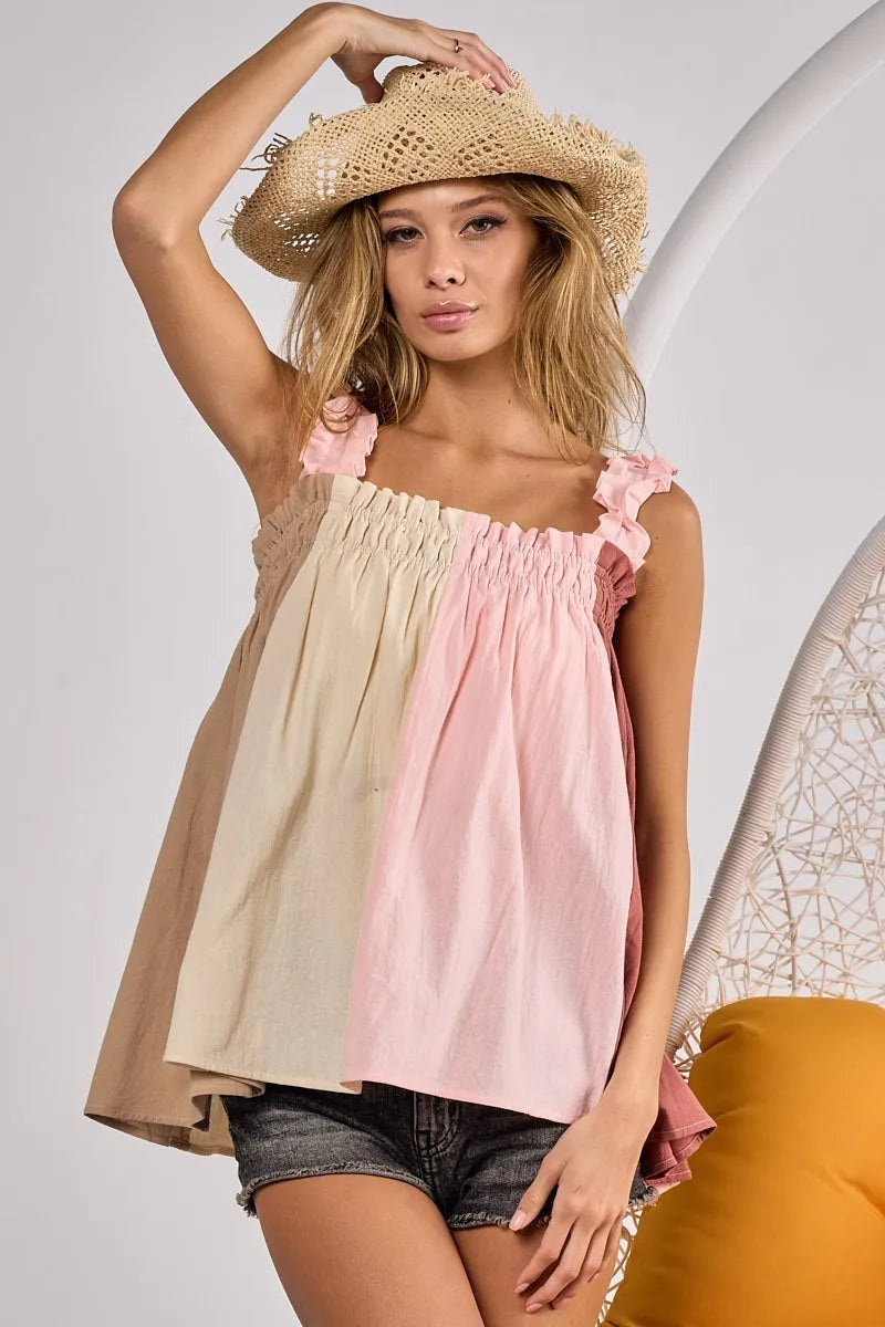 Frill shoulder strap color block bodice top with smocked and babydoll features.