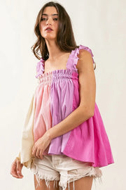 Frill shoulder strap color block bodice top with smocked and babydoll features.
