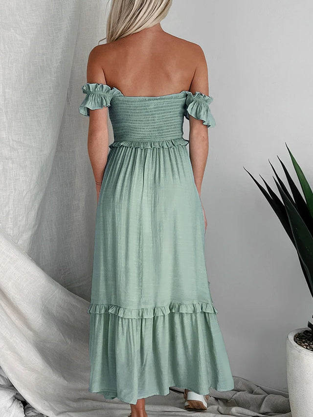 Perfee Frill Smocked Off-Shoulder Ruffle Sleeve Dress.