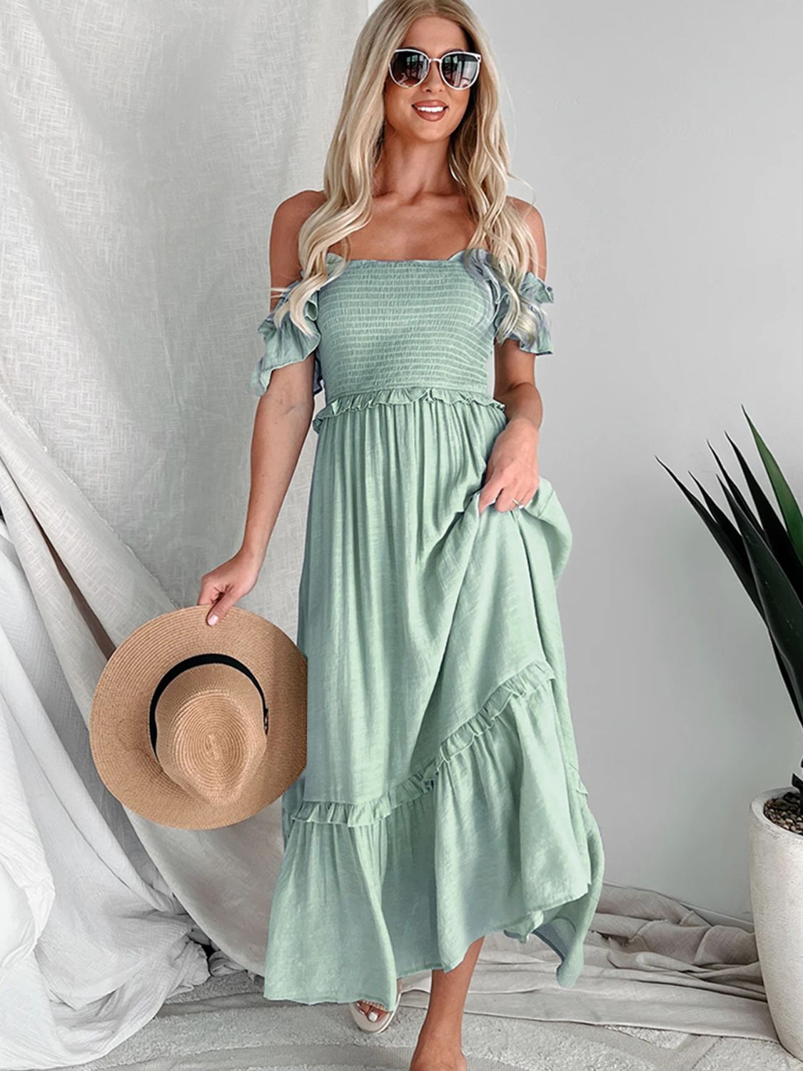 Perfee Frill Smocked Off-Shoulder Ruffle Sleeve Dress.