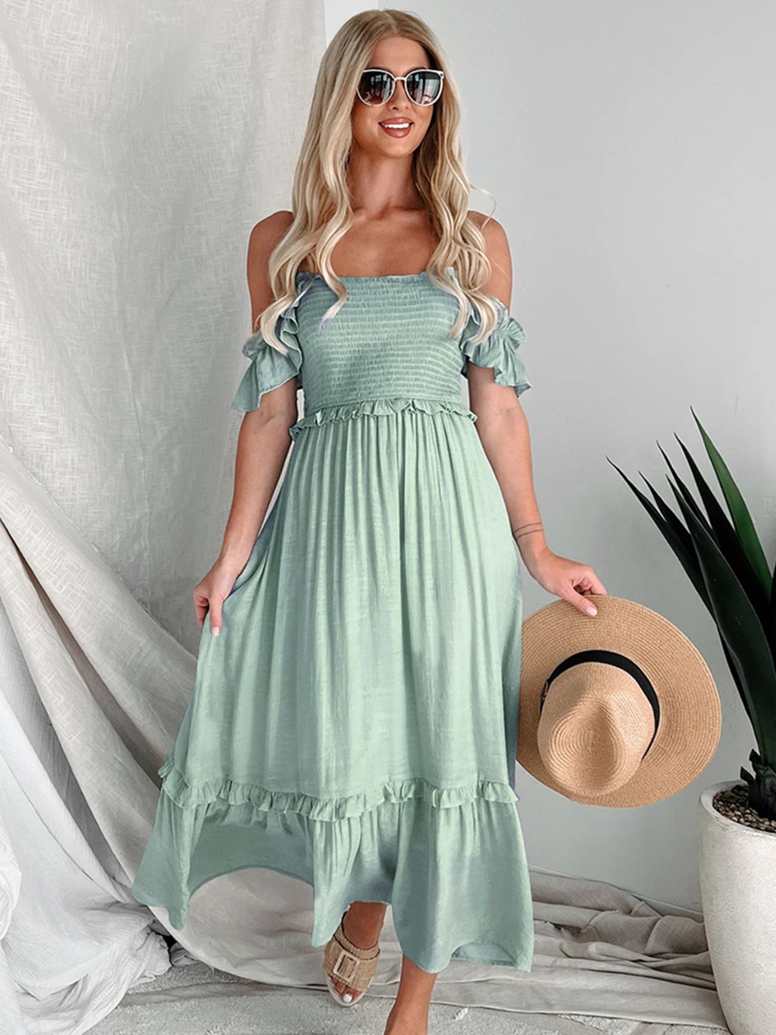 Perfee Frill Smocked Off-Shoulder Ruffle Sleeve Dress.