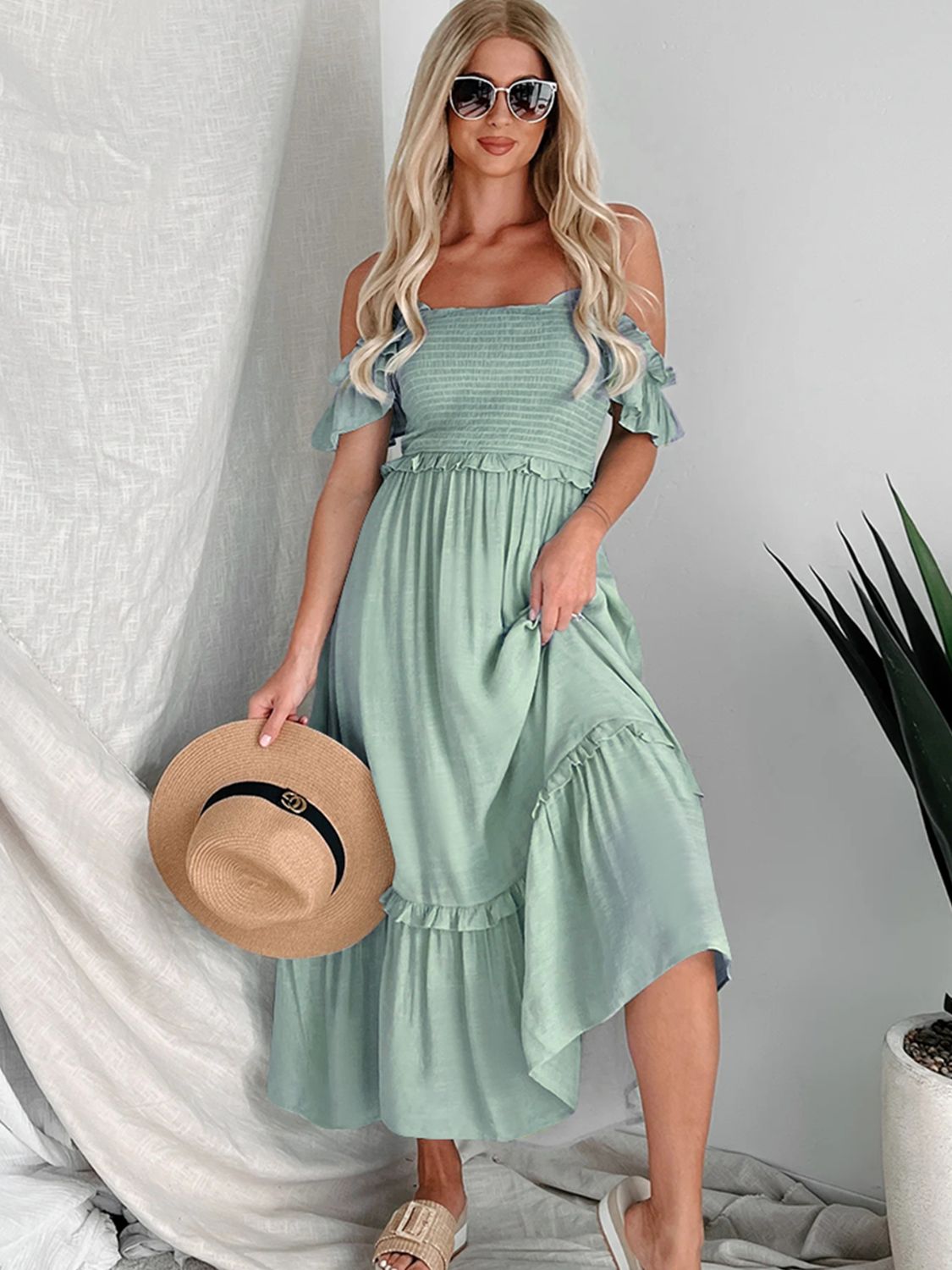 Perfee Frill Smocked Off-Shoulder Ruffle Sleeve Dress.