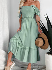 Perfee Frill Smocked Off-Shoulder Ruffle Sleeve Dress.