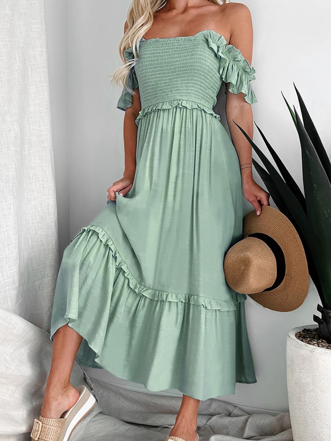 Perfee Frill Smocked Off-Shoulder Ruffle Sleeve Dress.