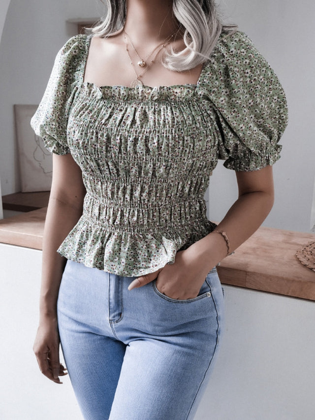 Frill smocked square neck short sleeve blouse.