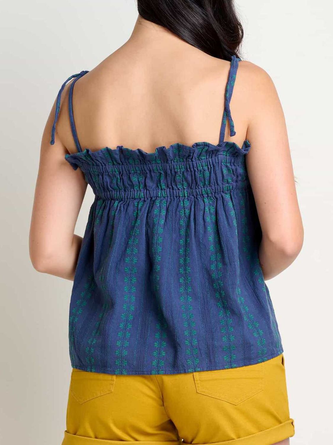 Frill square neck cami with ruched and smocked details.