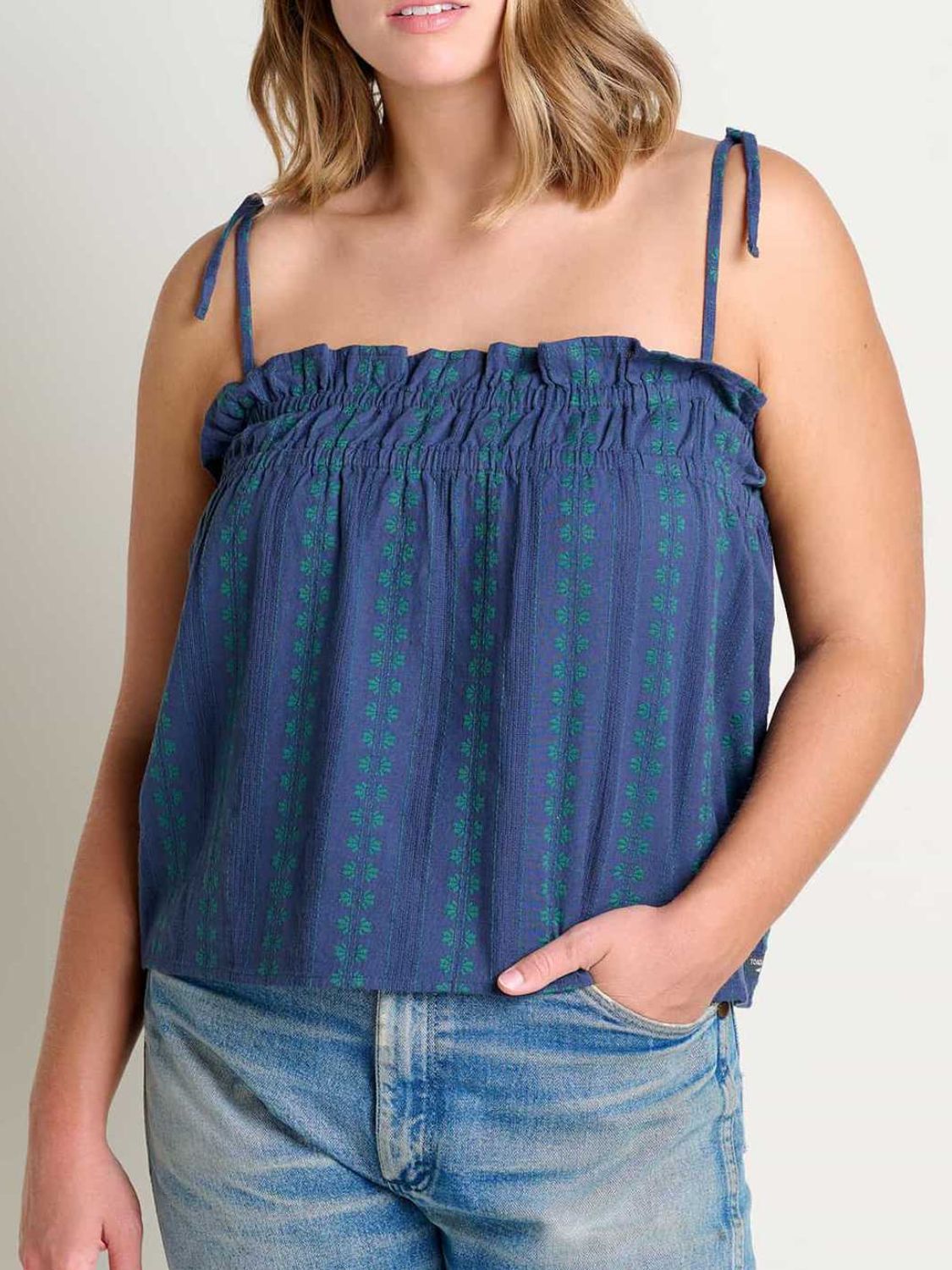 Frill square neck cami with ruched and smocked details.