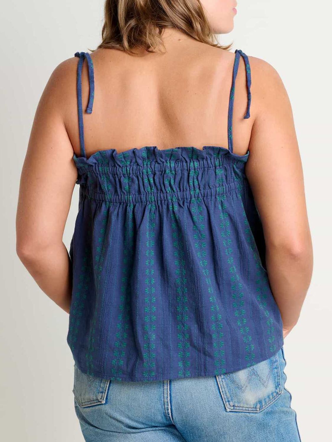 Frill square neck cami with ruched and smocked details.
