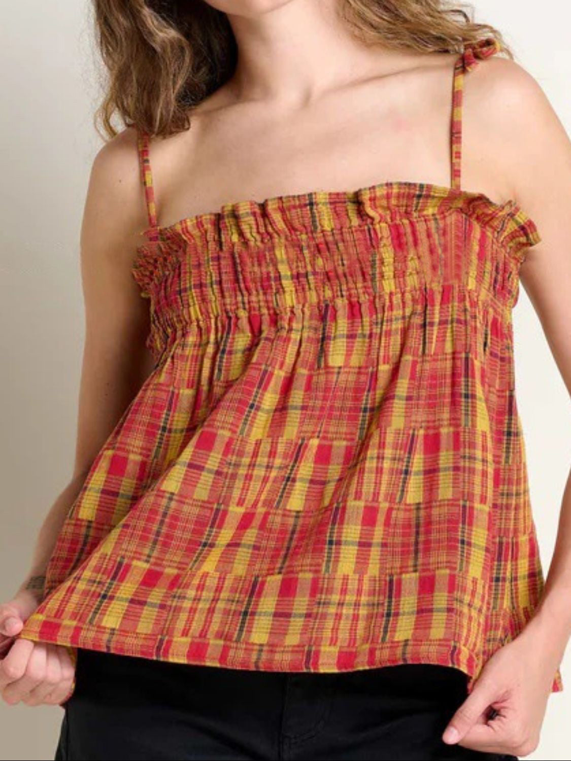 Frill square neck cami with ruched and smocked details.