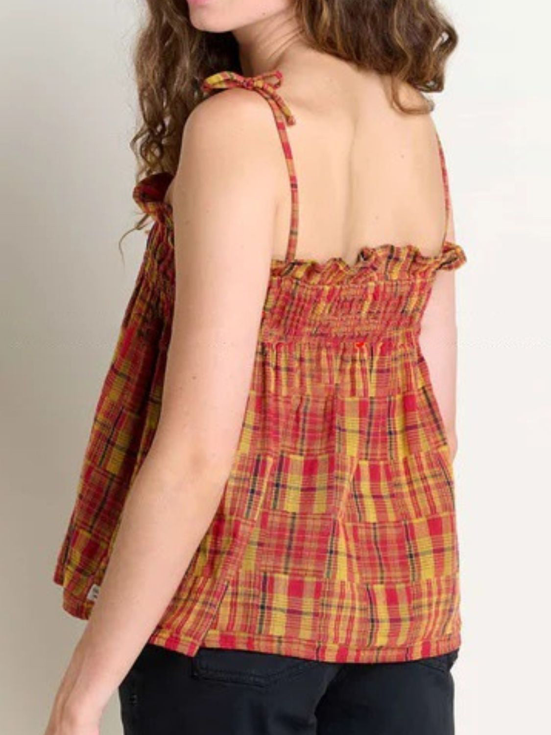 Frill square neck cami with ruched and smocked details.