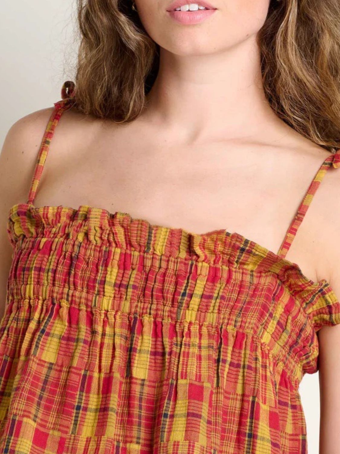 Frill square neck cami with ruched and smocked details.