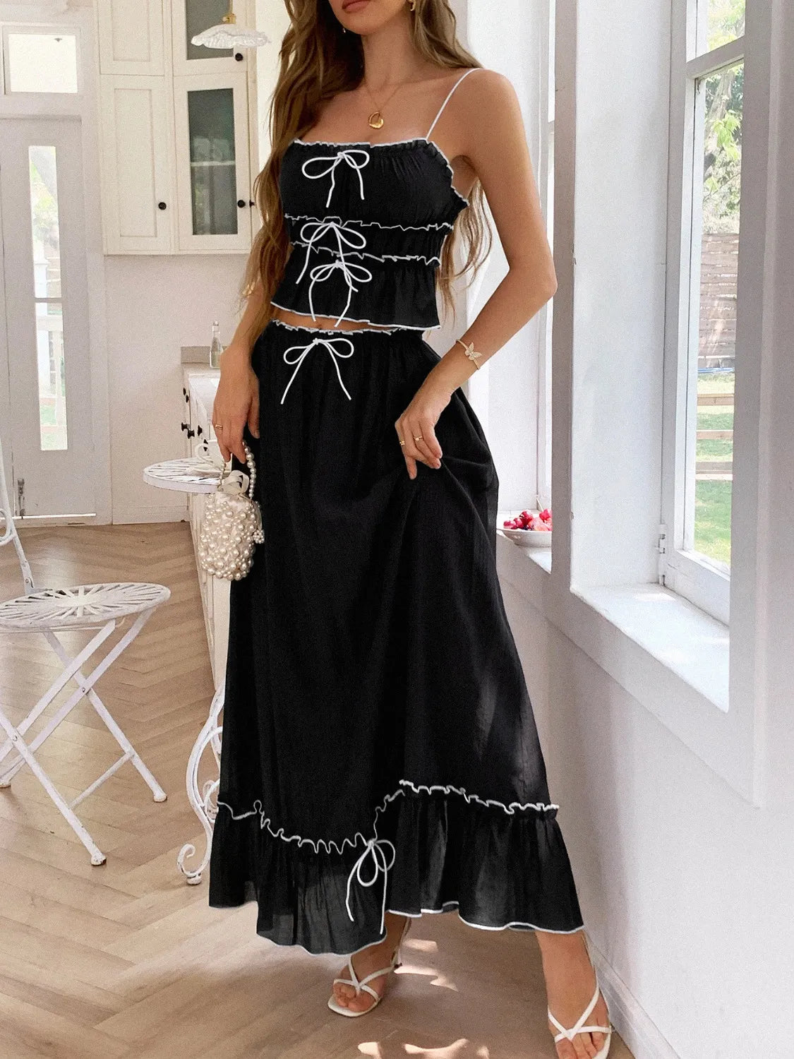 Frill Square Neck Cami and Skirt Set.