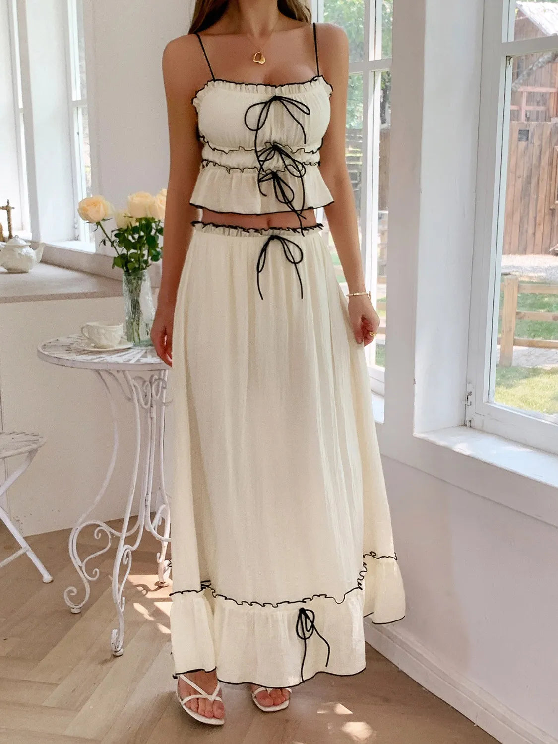 Frill Square Neck Cami and Skirt Set.