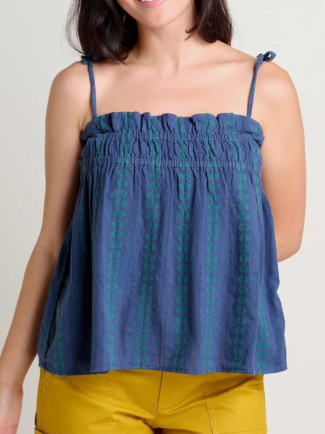 Frill square neck cami with ruched and smocked details.