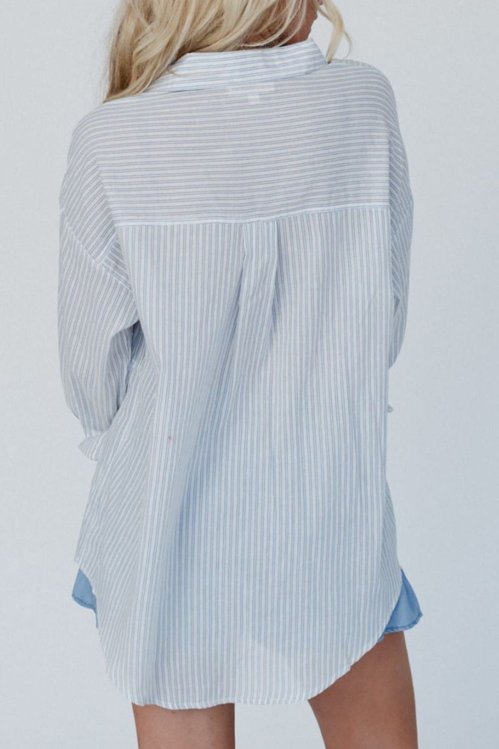 Frill striped collared neck long sleeve shirt.