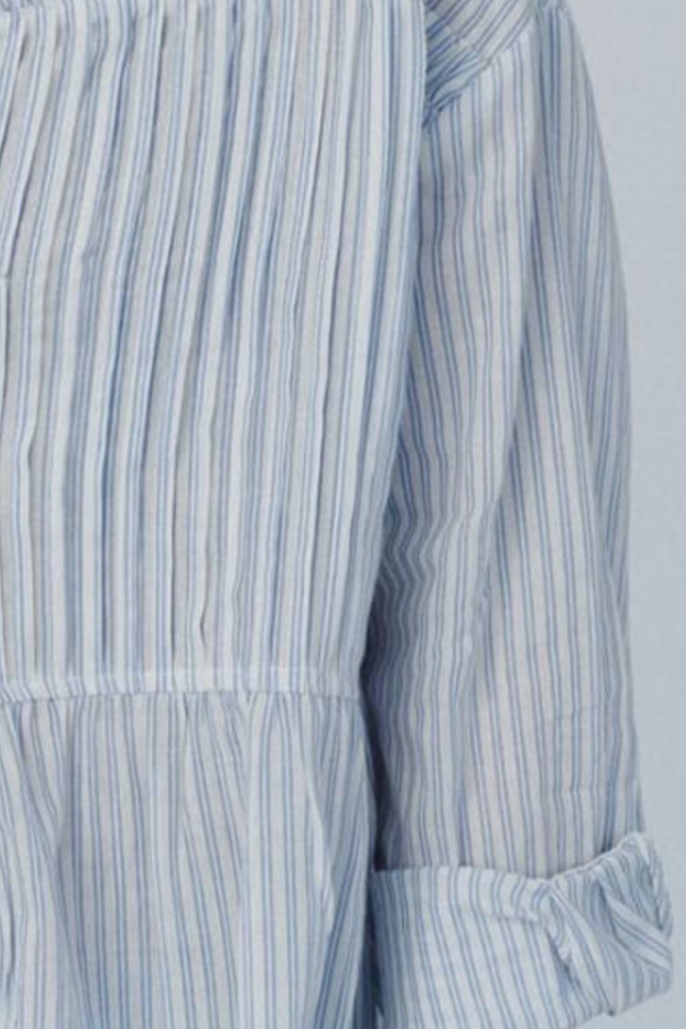 Frill striped collared neck long sleeve shirt.