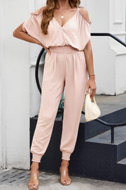 Ruffled V-Neck Long Sleeve Romper with Drawstring.