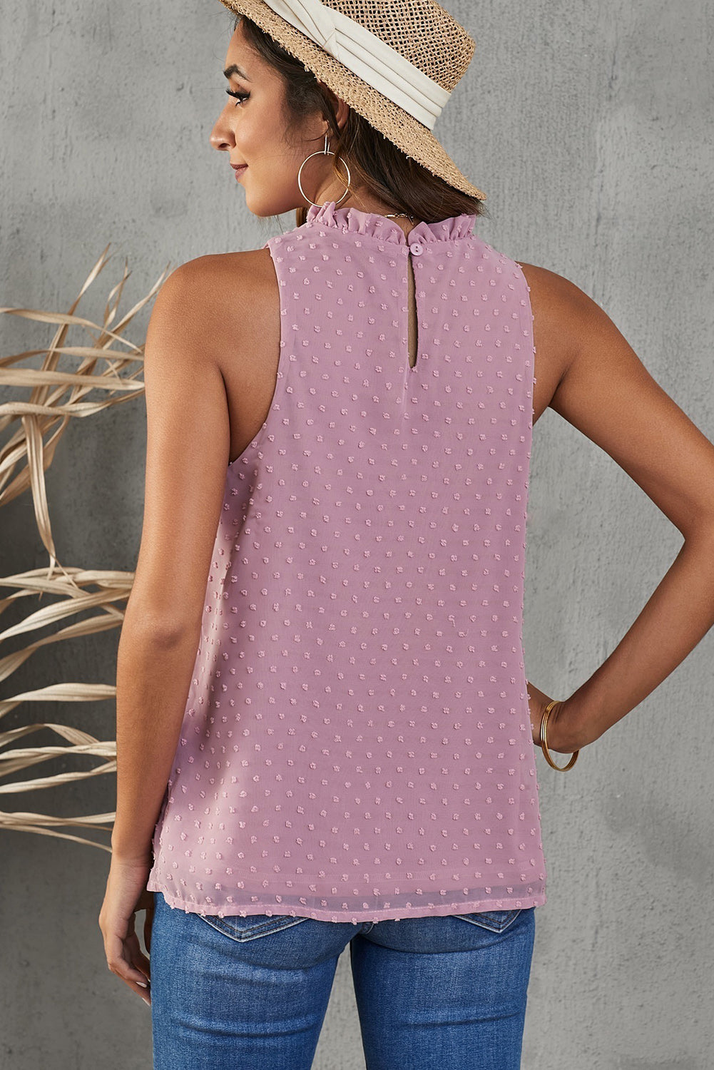 Frill Swiss dot round neck tank top.