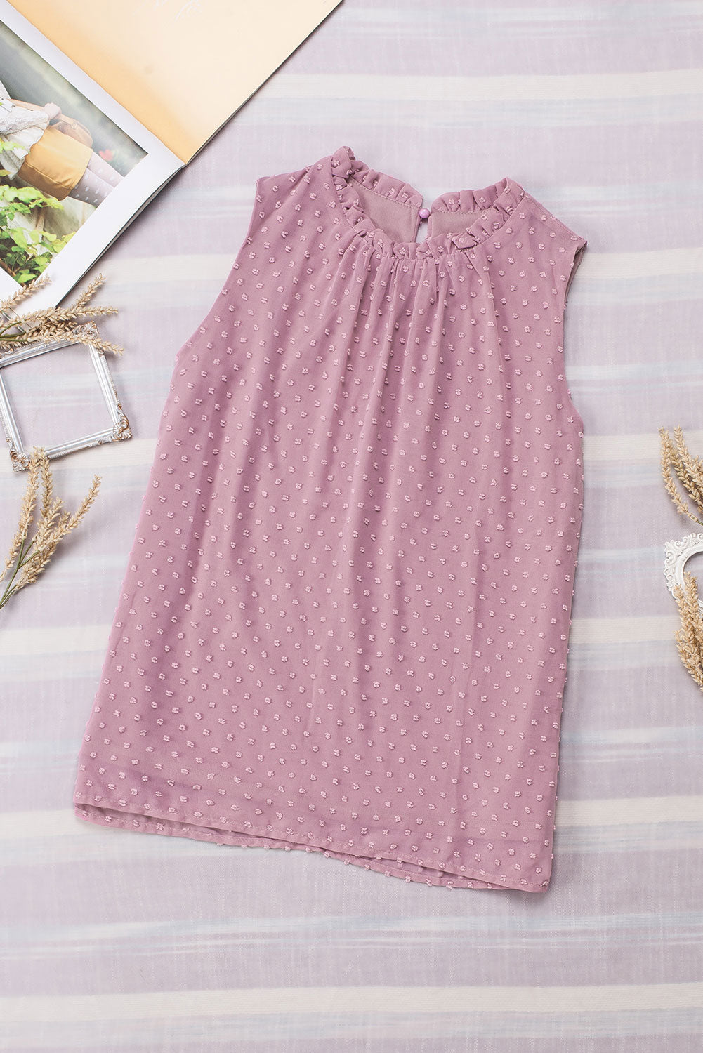 Frill Swiss dot round neck tank top.