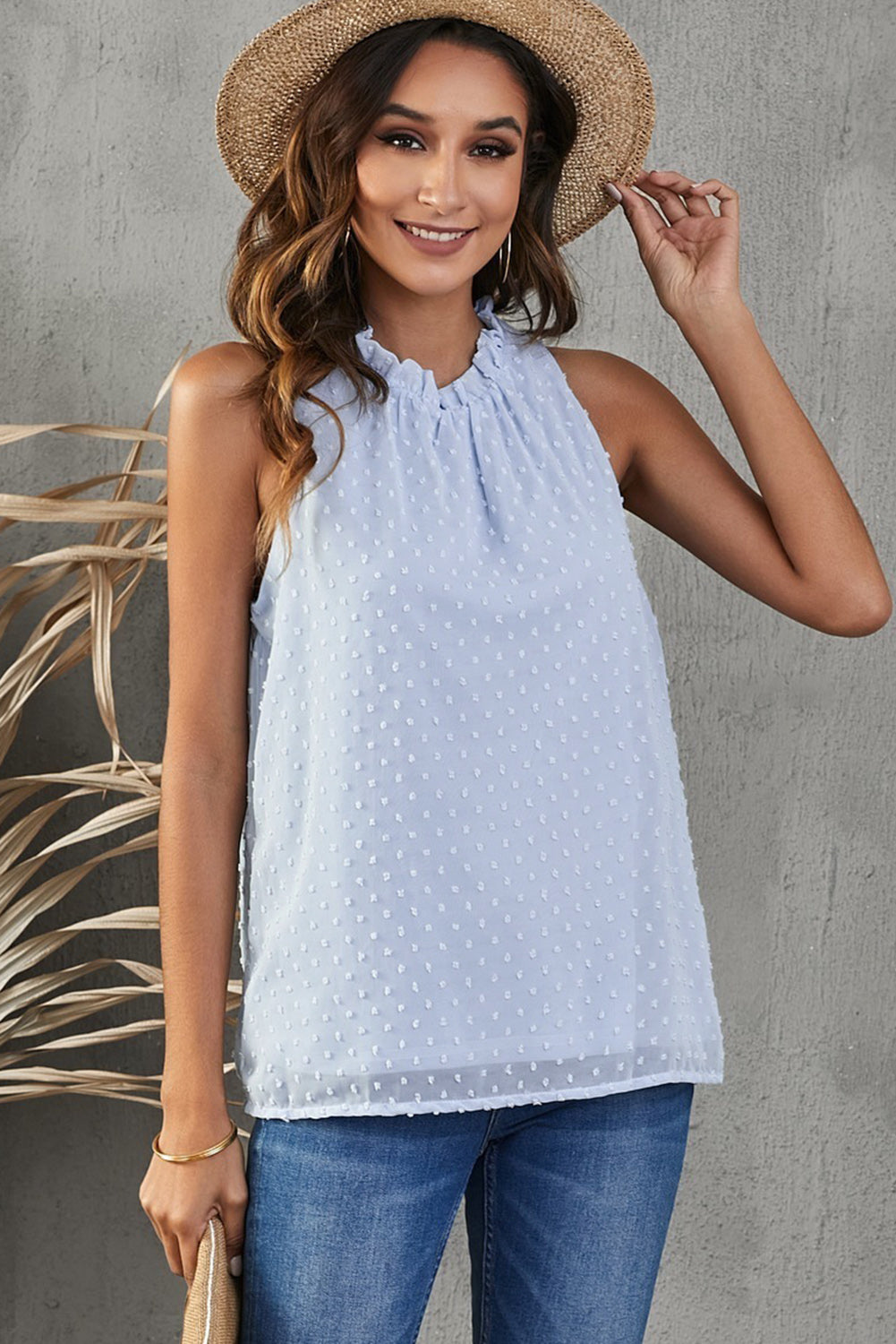 Frill Swiss dot round neck tank top.