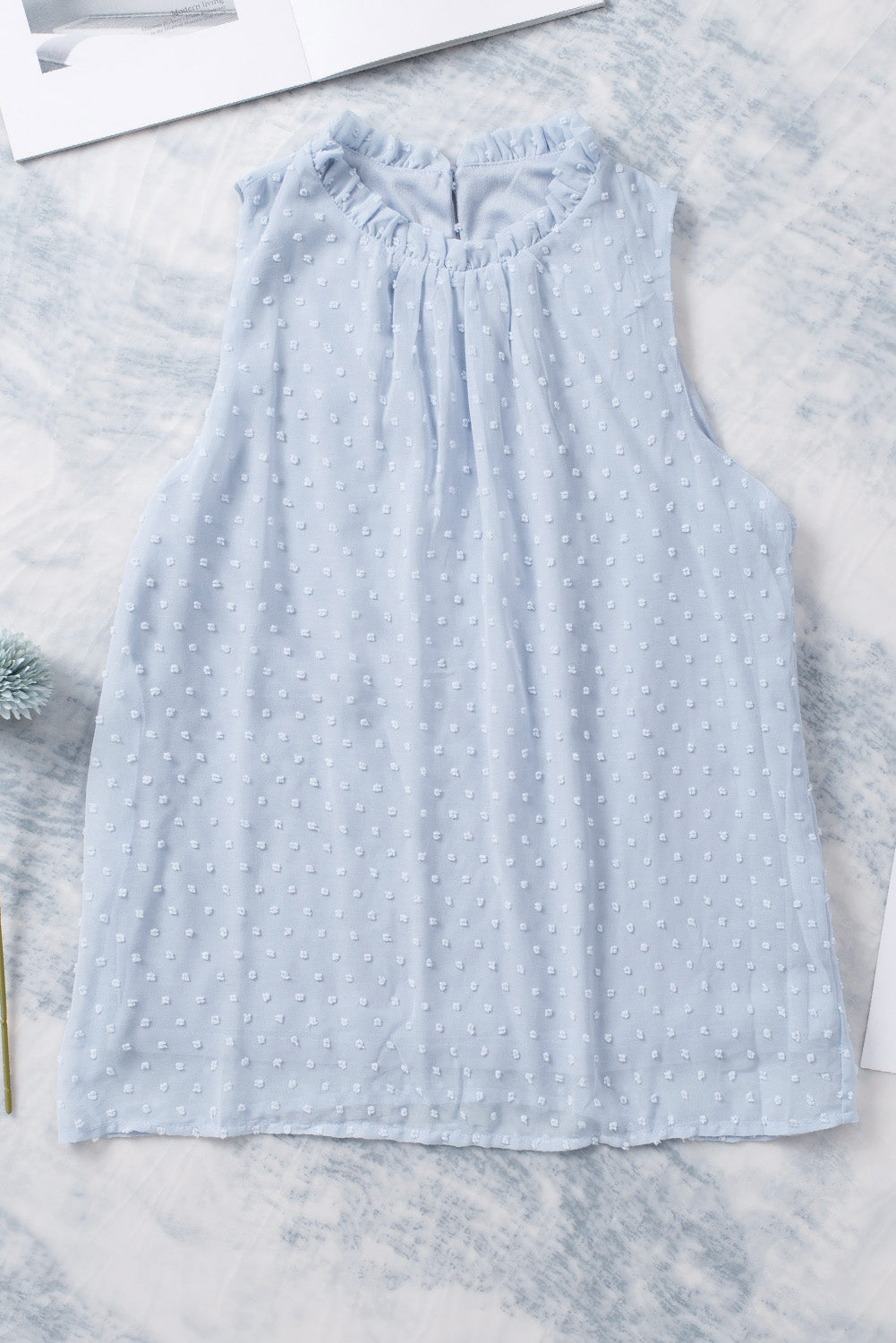 Frill Swiss dot round neck tank top.