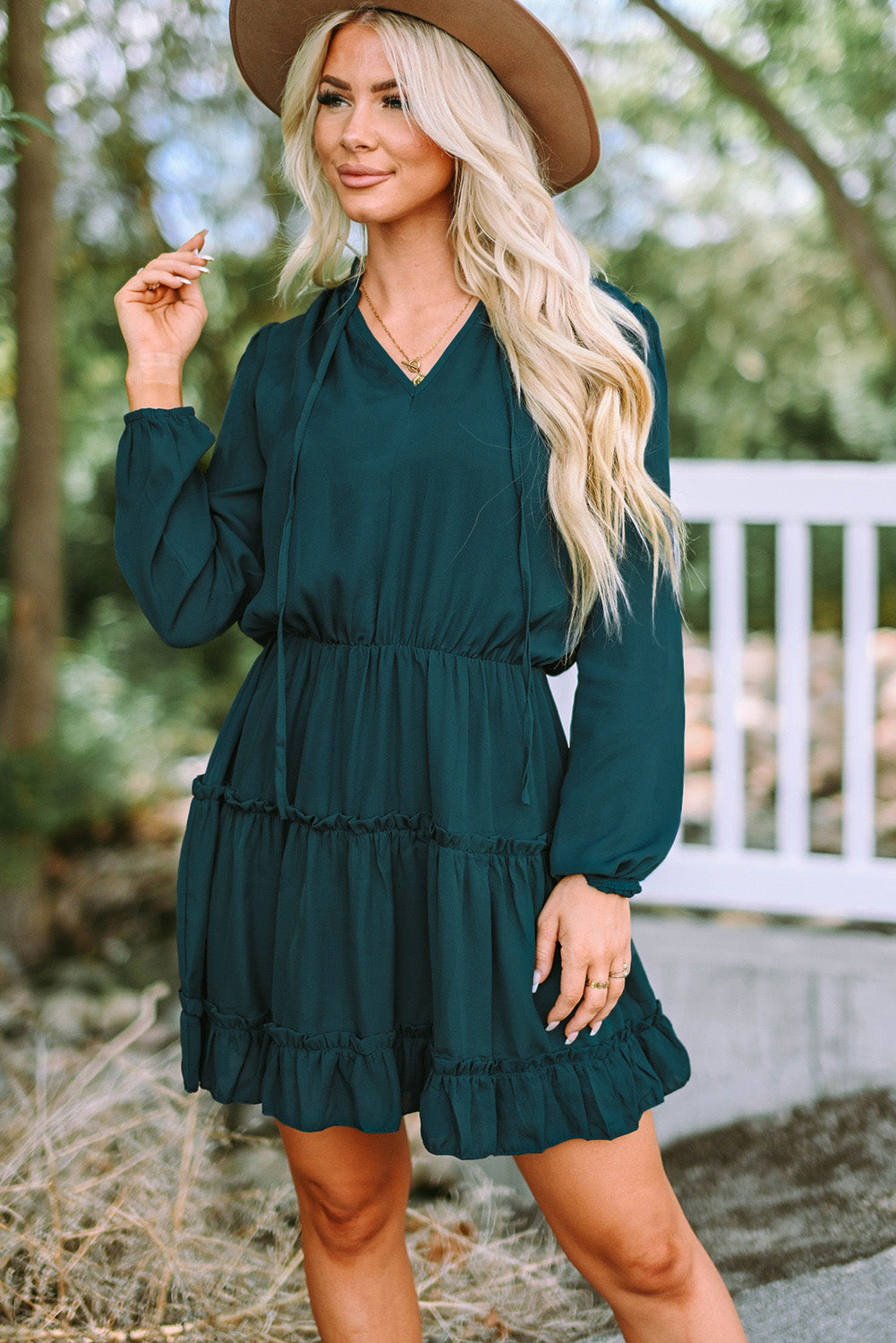 Frill Tie Neck Balloon Sleeve Dress.
