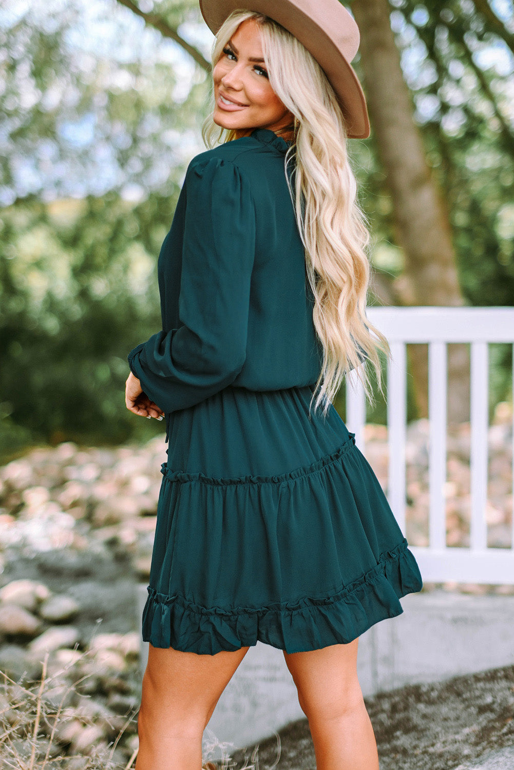 Frill Tie Neck Balloon Sleeve Dress.