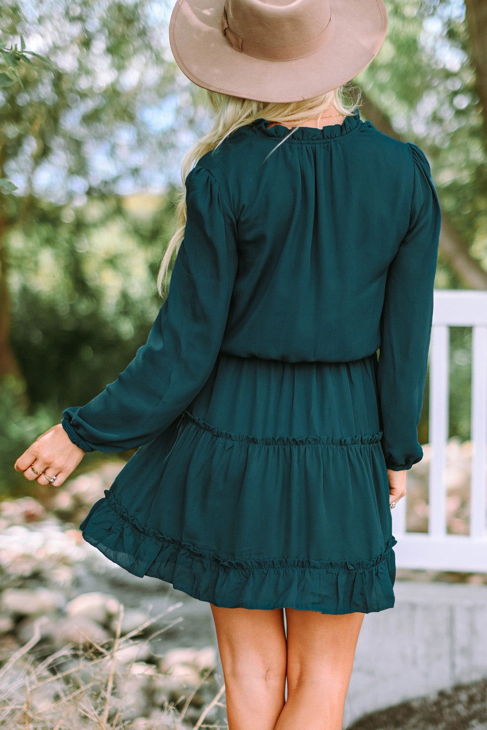 Frill Tie Neck Balloon Sleeve Dress.
