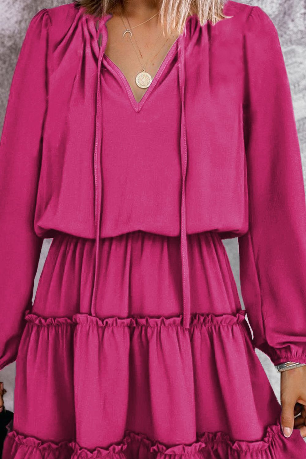 Frill Tie Neck Balloon Sleeve Dress.