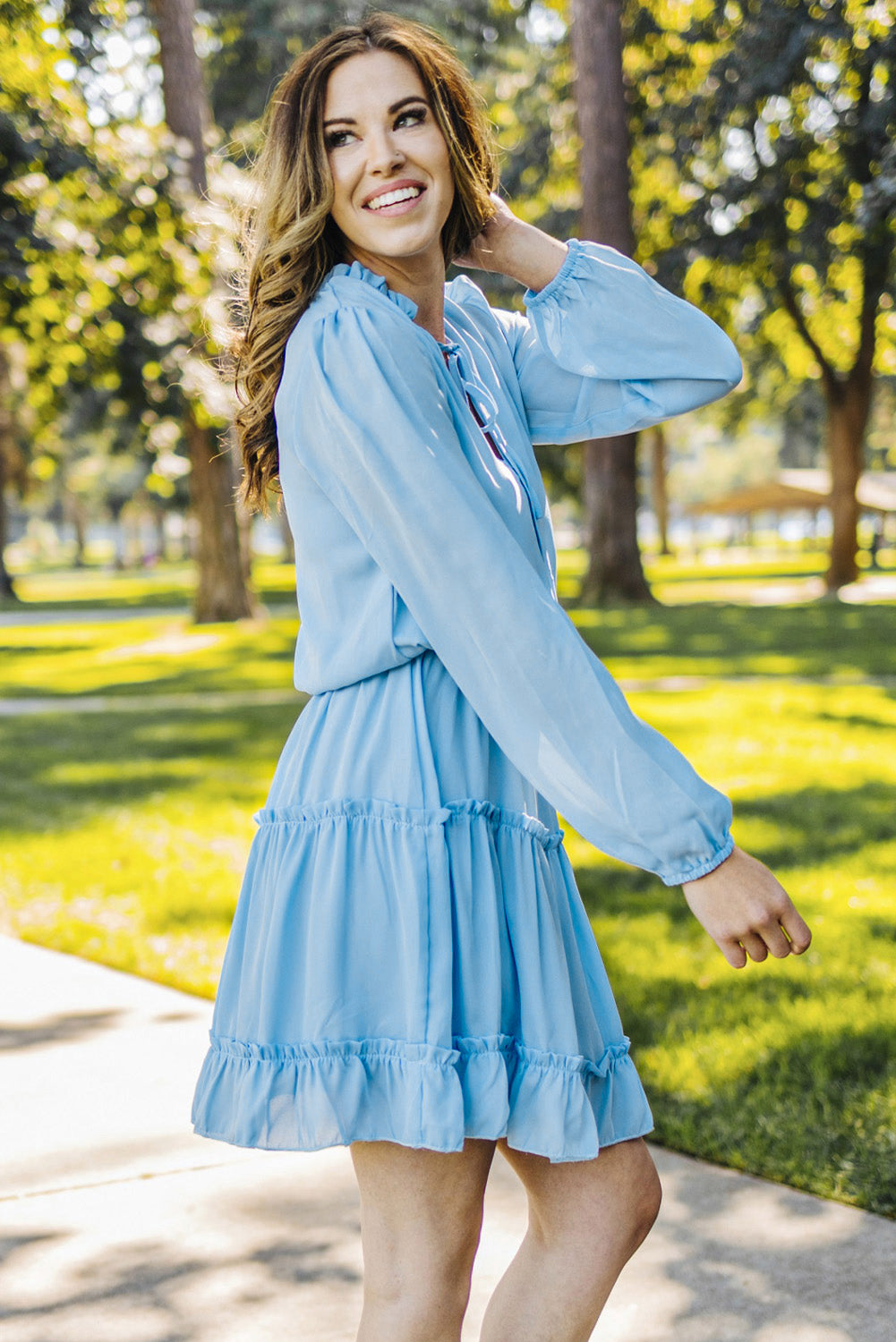 Frill Tie Neck Balloon Sleeve Dress.