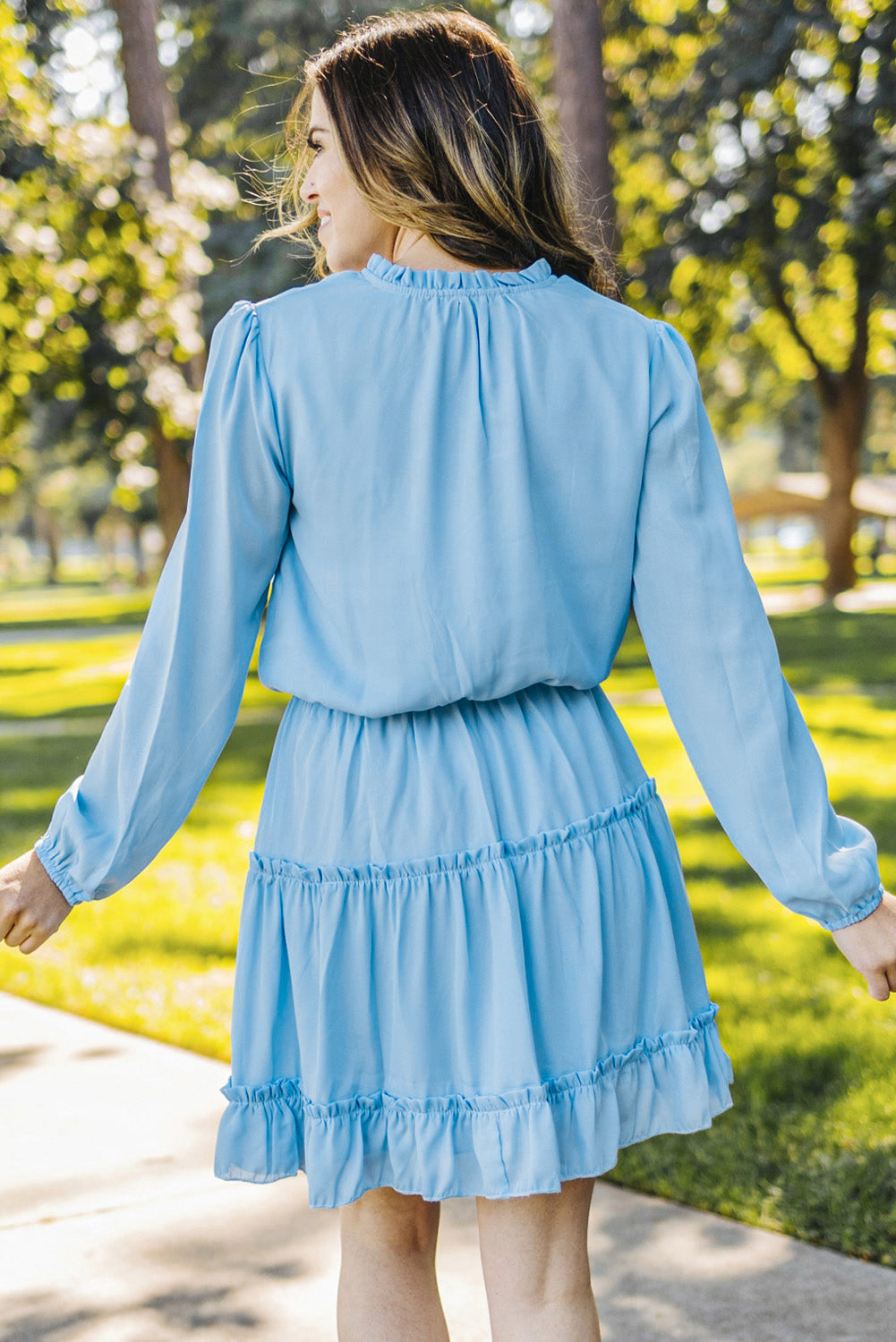 Frill Tie Neck Balloon Sleeve Dress.
