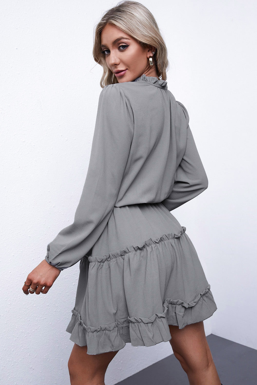 Frill Tie Neck Balloon Sleeve Dress.