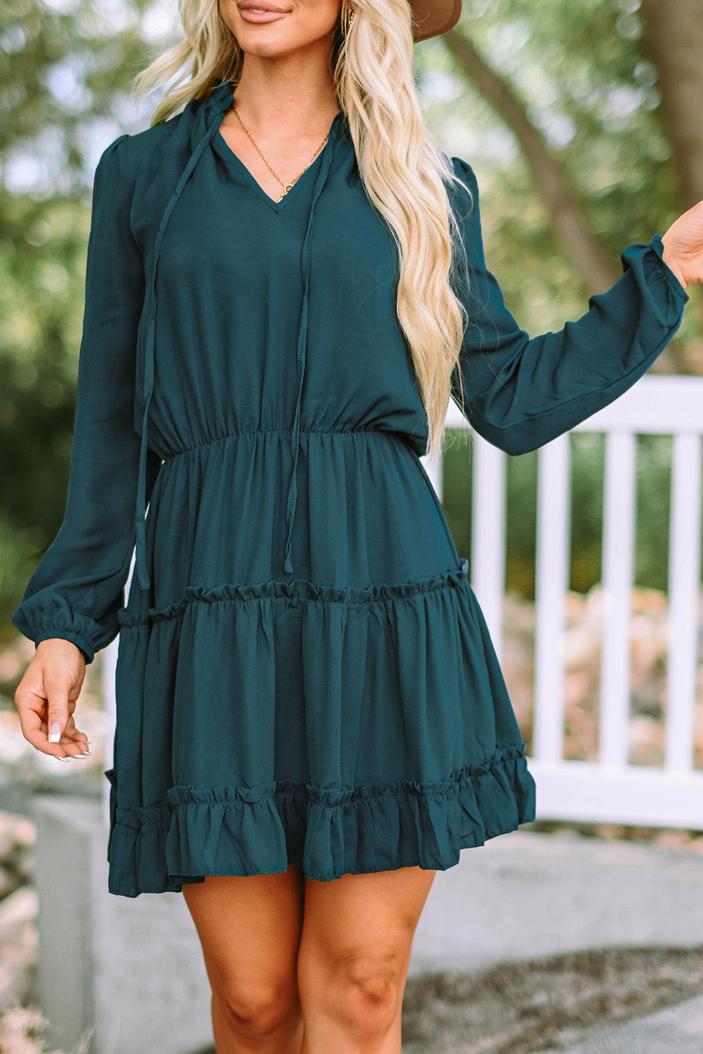 Frill Tie Neck Balloon Sleeve Dress.