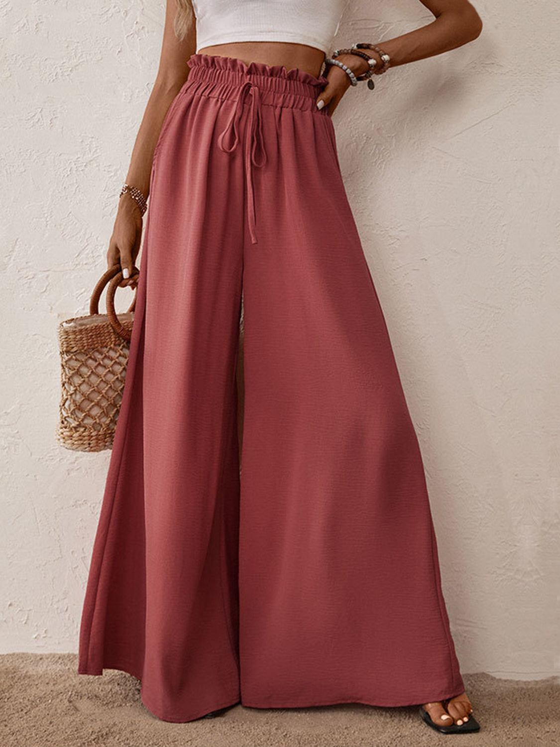 Frill tied wide leg pants, opaque.