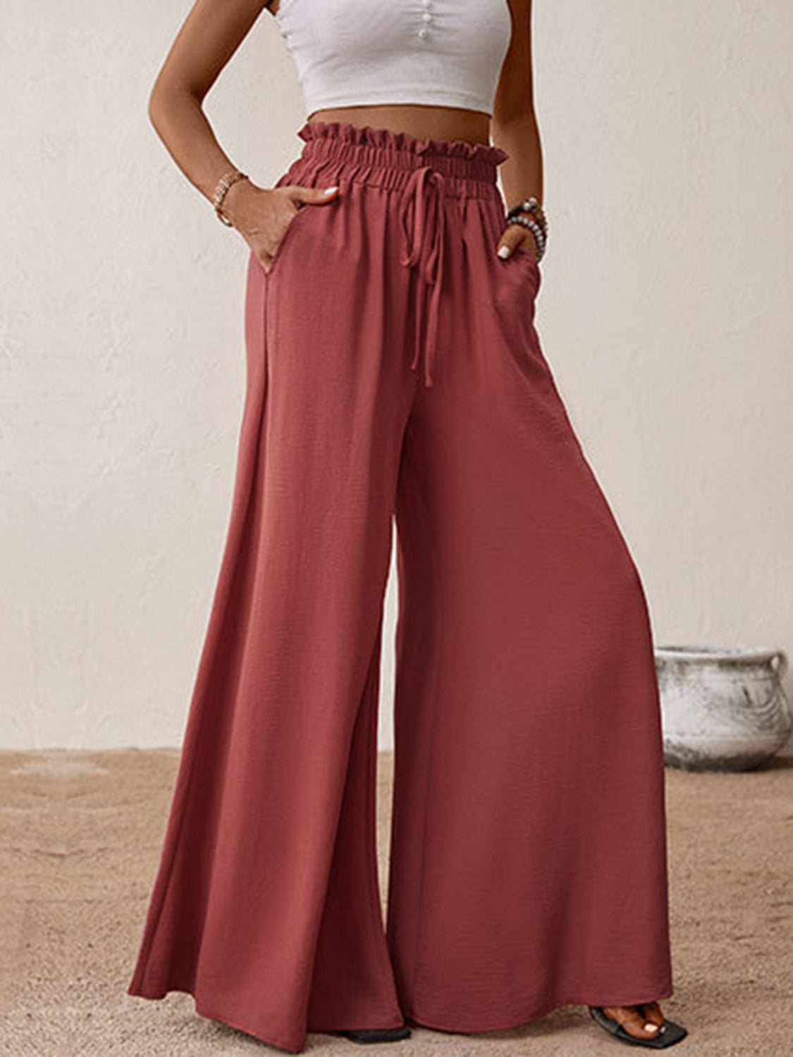 Frill tied wide leg pants, opaque.