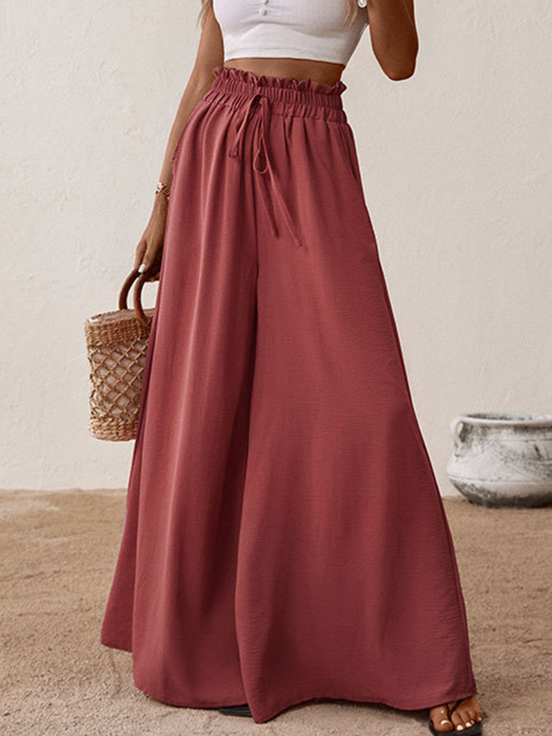 Frill tied wide leg pants, opaque.