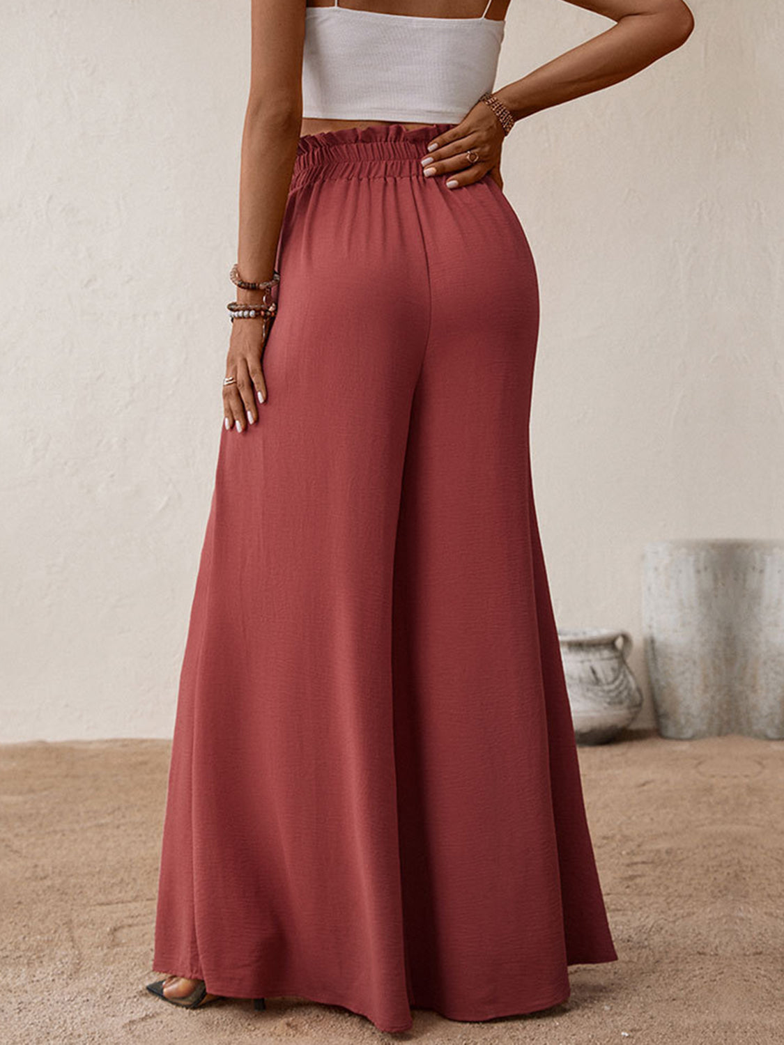 Frill tied wide leg pants, opaque.