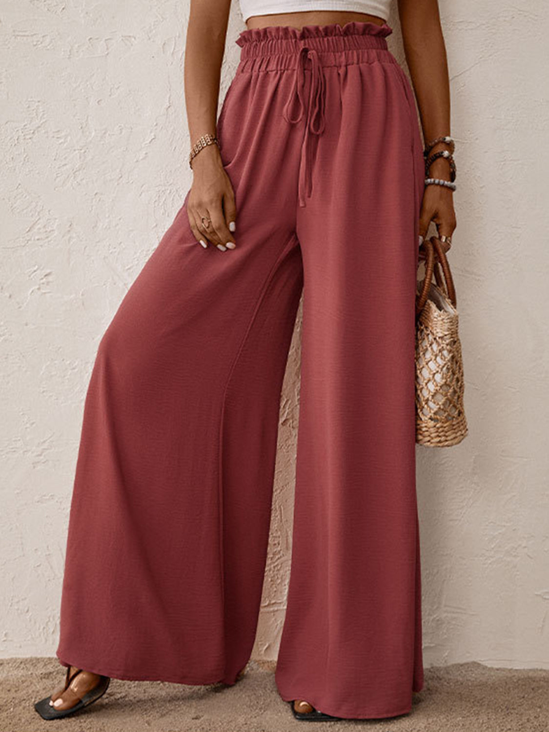 Frill tied wide leg pants, opaque.