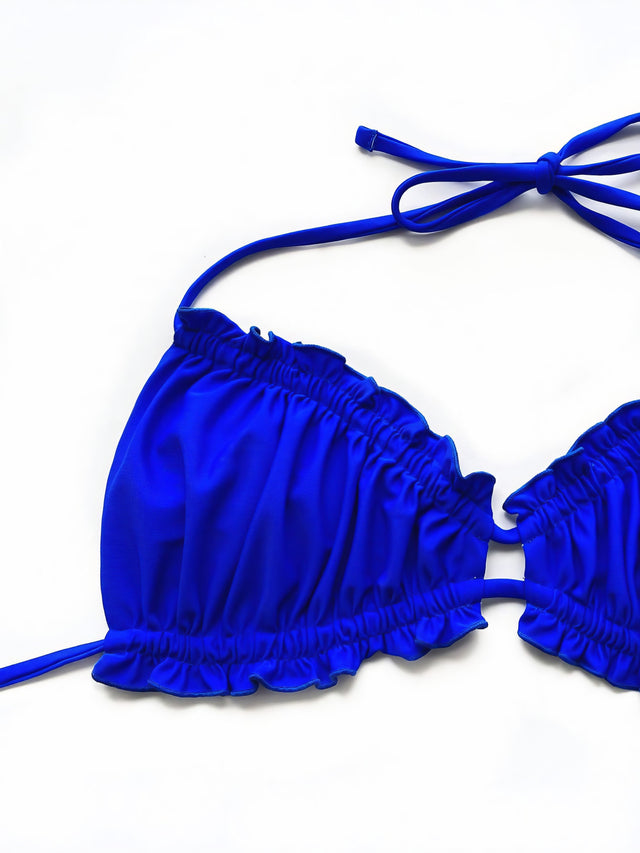 Leopard print halter neck bikini set with frill trim and tie sides.