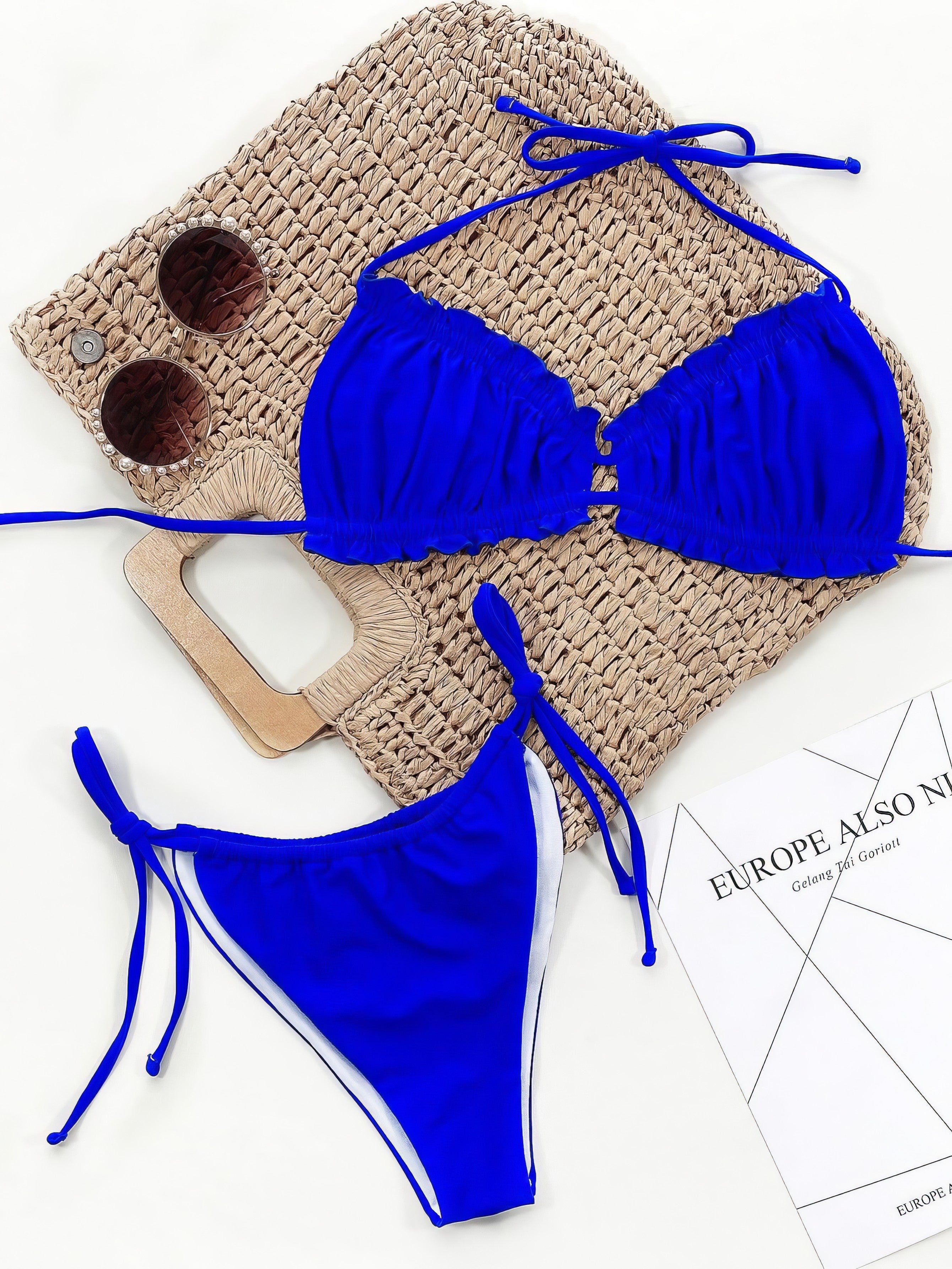 Leopard print halter neck bikini set with frill trim and tie sides.