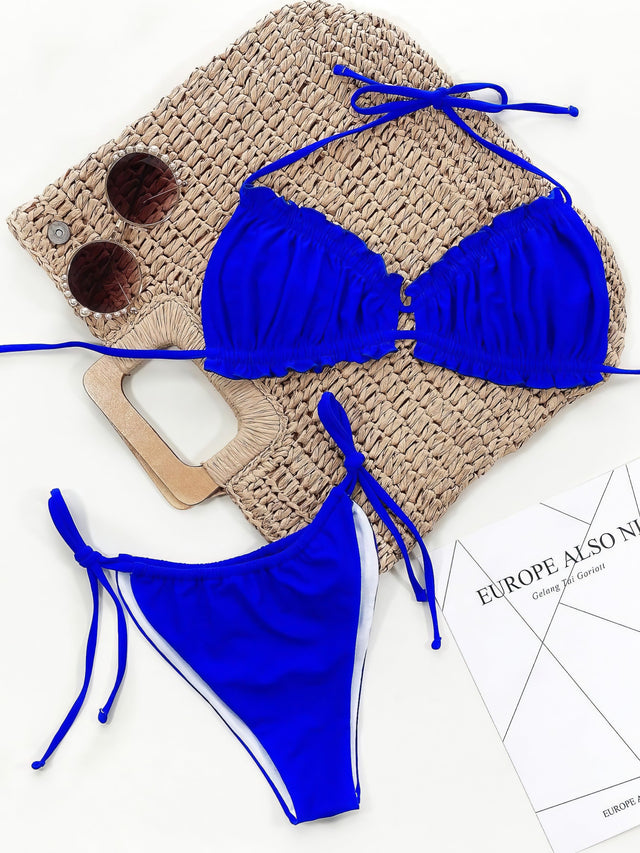 Leopard print halter neck bikini set with frill trim and tie sides.