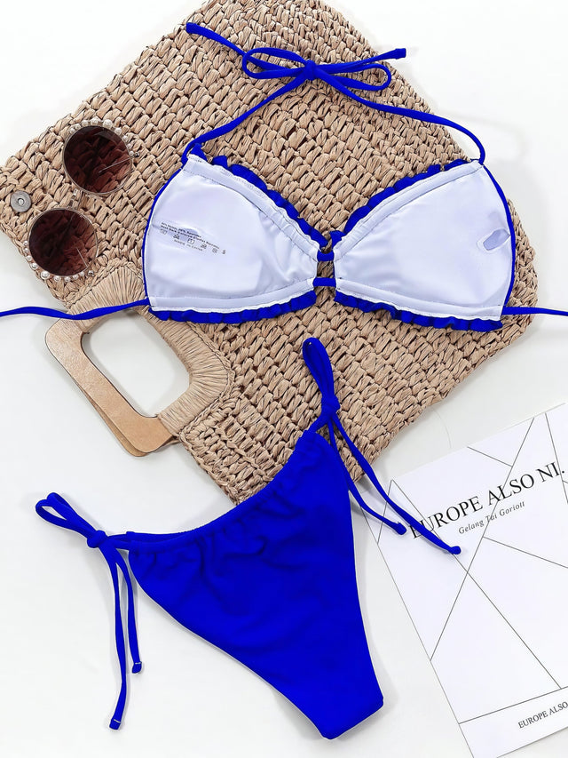 Leopard print halter neck bikini set with frill trim and tie sides.
