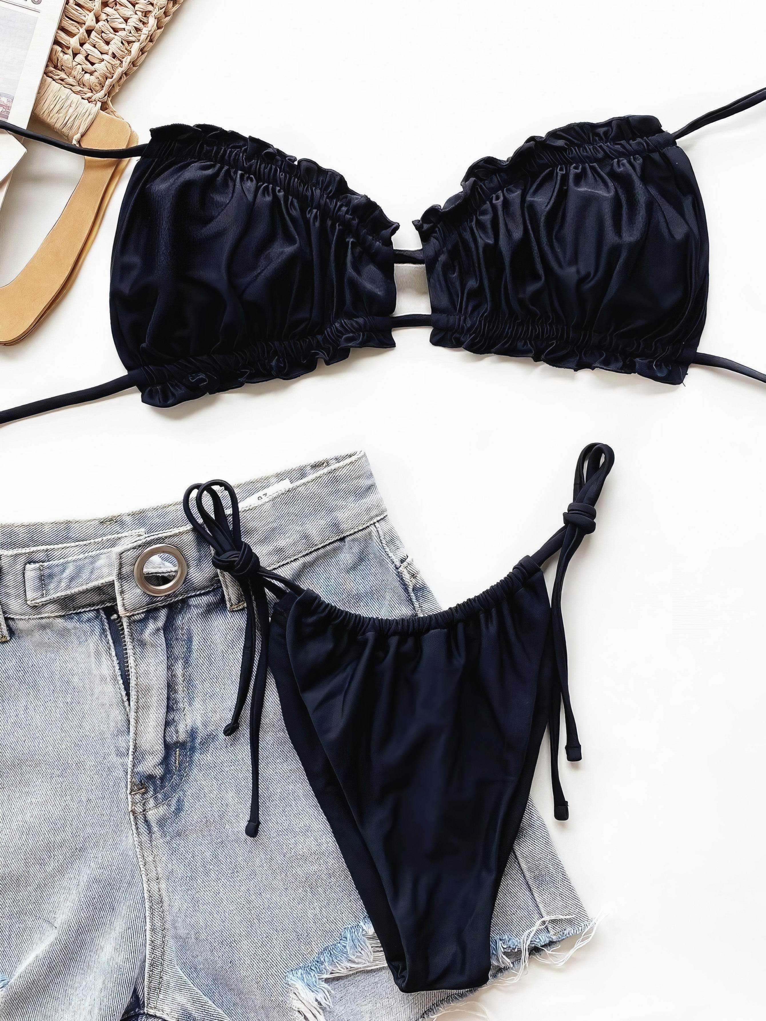 Leopard print halter neck bikini set with frill trim and tie sides.