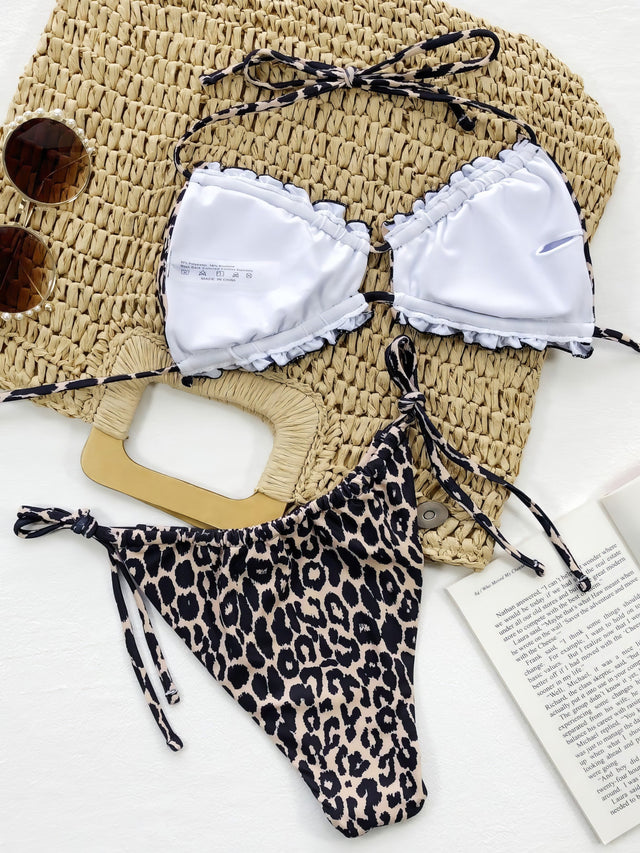 Leopard print halter neck bikini set with frill trim and tie sides.