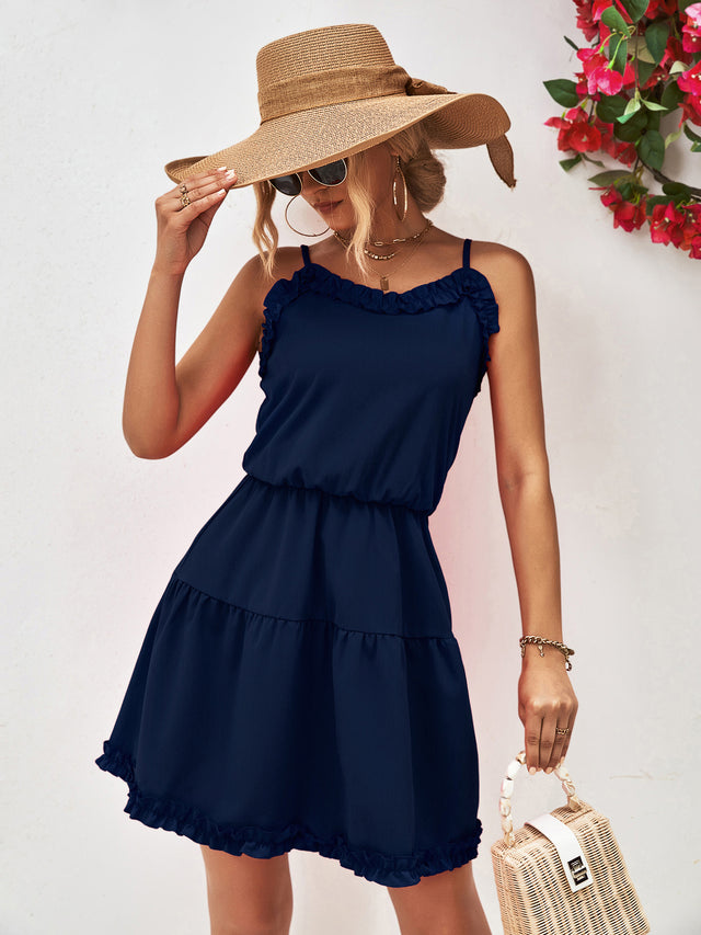 Frill Trim Spaghetti Strap Mini Dress.