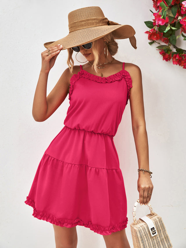 Frill Trim Spaghetti Strap Mini Dress.