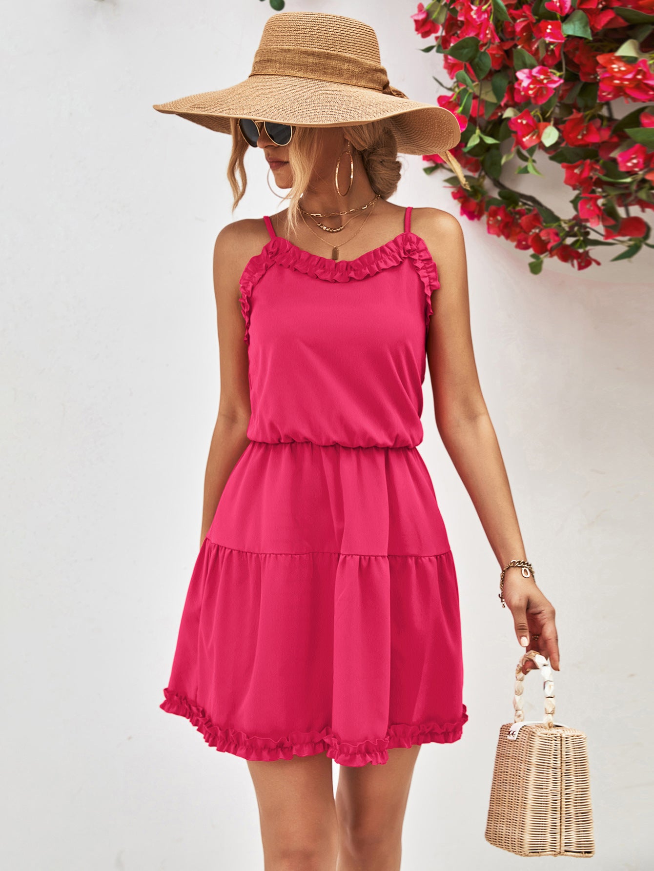 Frill Trim Spaghetti Strap Mini Dress.