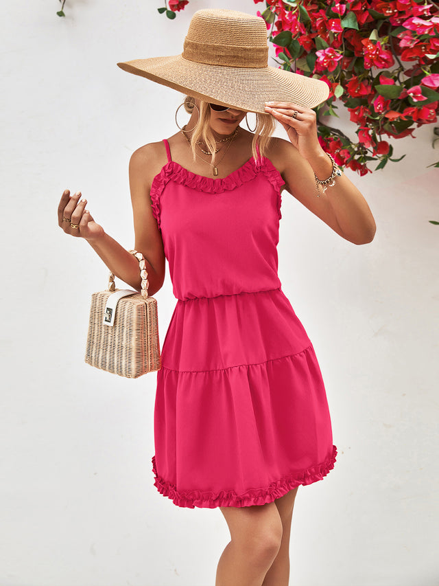 Frill Trim Spaghetti Strap Mini Dress.