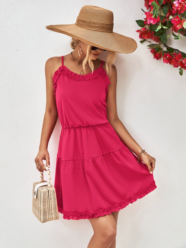 Frill Trim Spaghetti Strap Mini Dress.